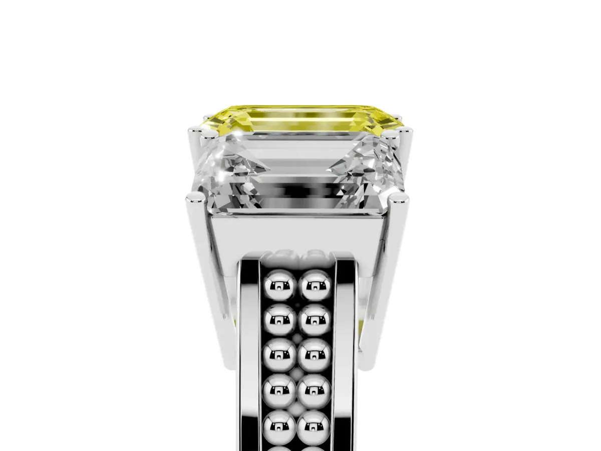 Fancy Yellow Emerald Cut Diamond Three-Stone Ring with Prong Setting and Textured Band Silver