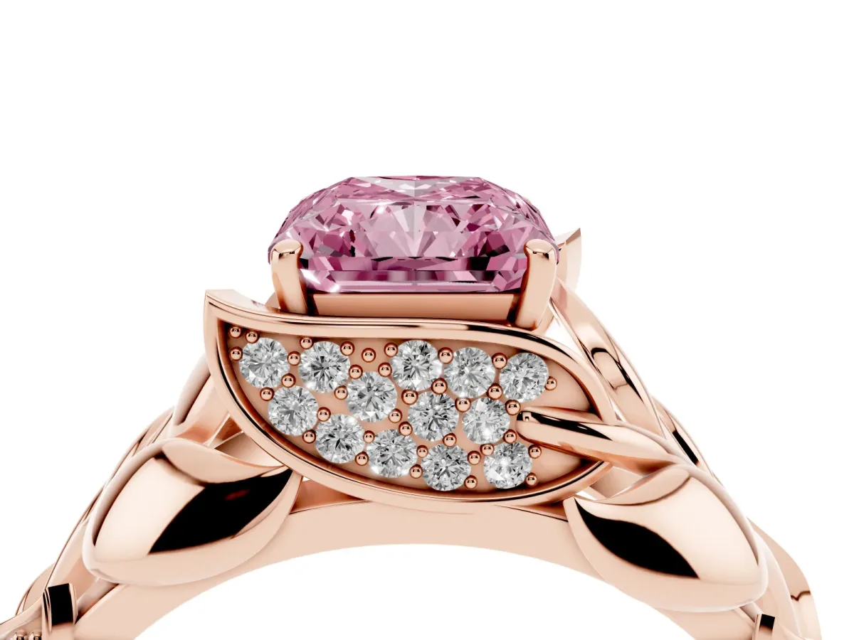 Fancy Pink Radiant Cut Diamond Leaf-Inspired Engagement Ring with Round Accents and Prong Setting Rose gold