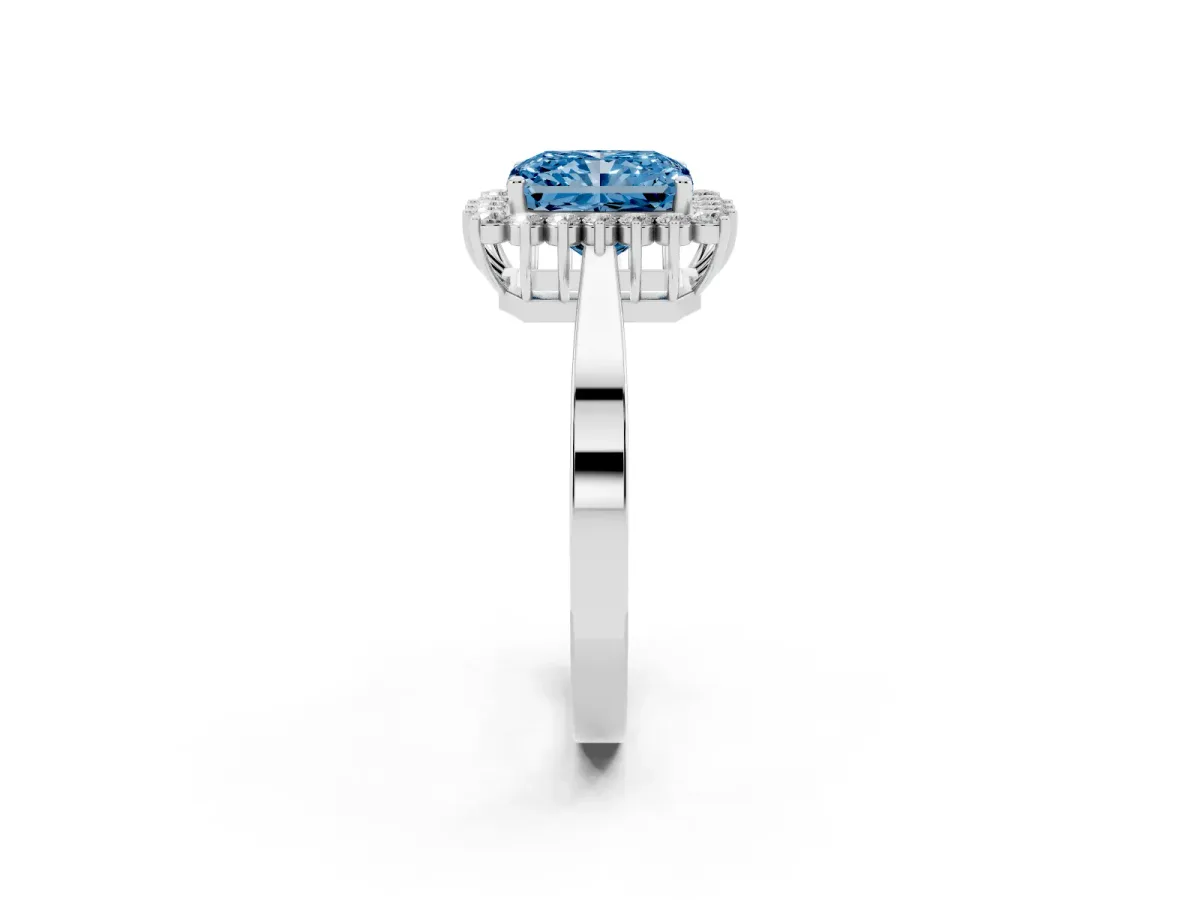 Fancy Blue Radiant Cut Cut Diamond Halo Ring with Round Brilliant Halo and Solitaire Band Silver