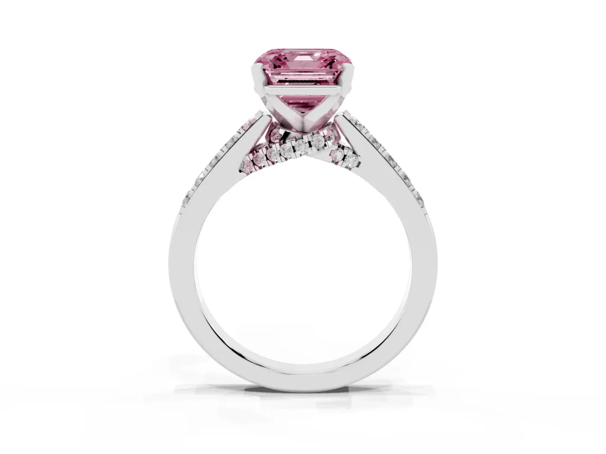 Fancy Pink Asscher Cut Diamond Solitaire Ring with Crossover Gallery and Round Pavé Band Platinum