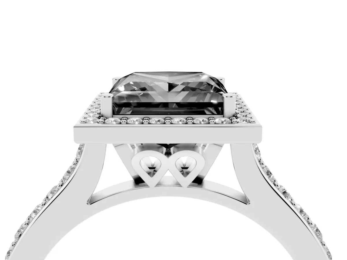 Fancy Black Princess Cut Diamond Halo Engagement Ring with Round Pavé Shoulders and Prong Setting White gold