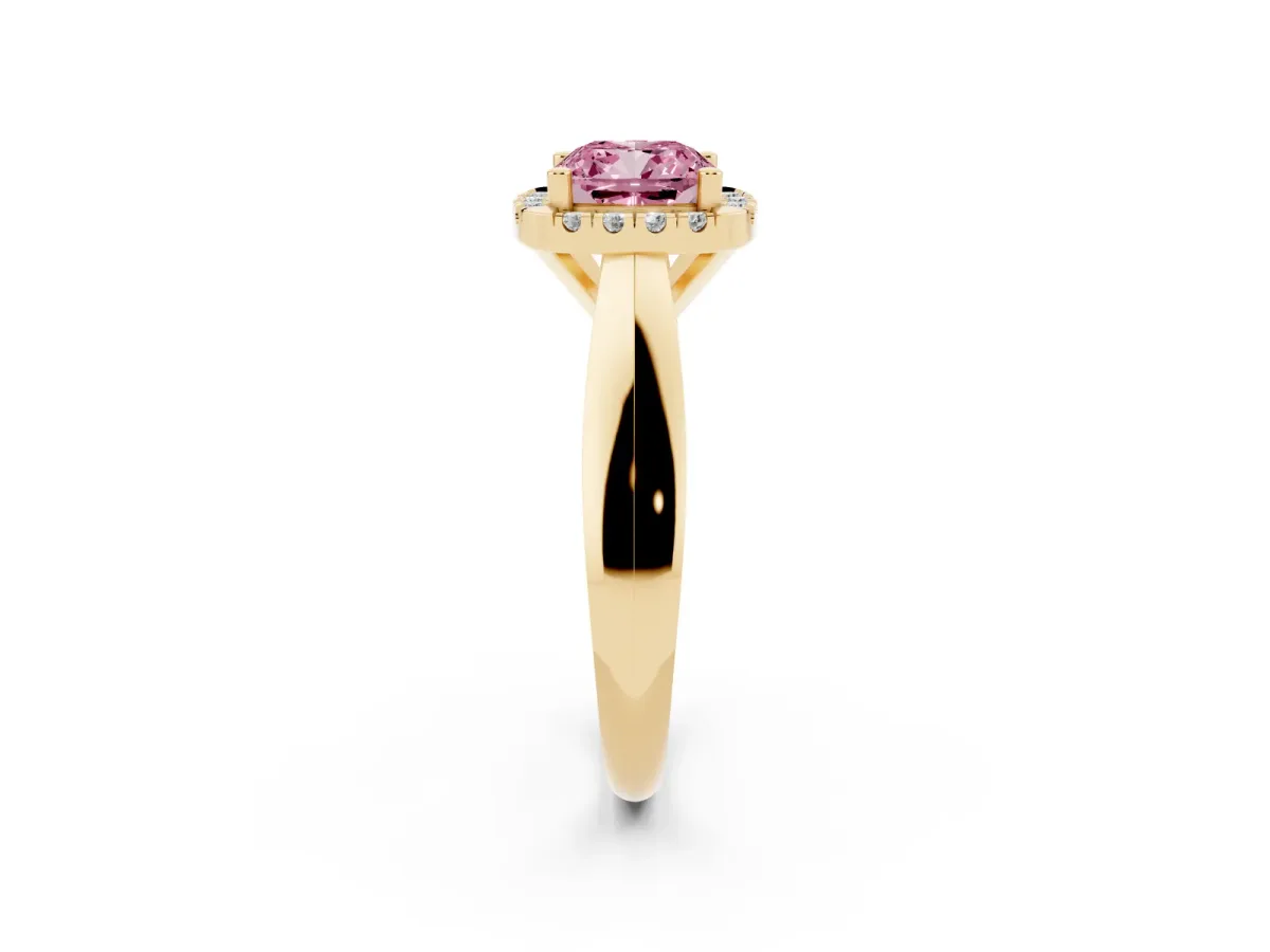 Fancy Pink Cushion Cut Cut Halo Solitaire Engagement Ring with Square Band and Four-Prong Setting Yellow gold
