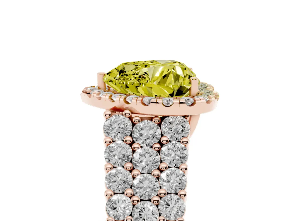 Fancy Yellow Heart Cut Diamond Halo Engagement Ring with Triple Row Round Pavé Band and Prong Setting Rose gold