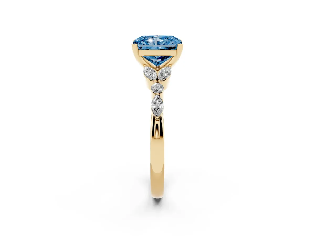 Fancy Blue Radiant Cut Diamond Solitaire Ring with Side Stones and Four-Prong Setting Yellow gold