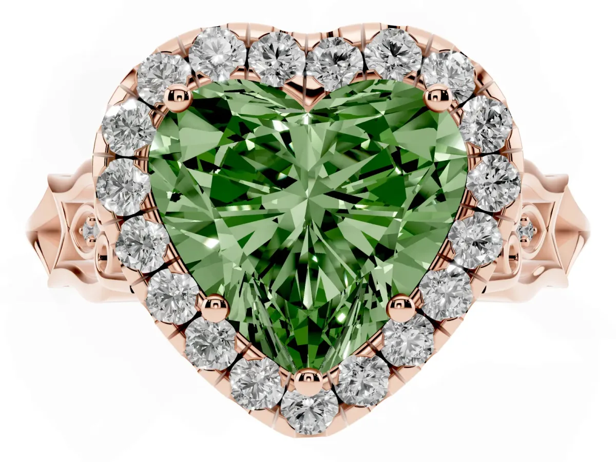 Fancy Green Heart Cut Halo Diamond Engagement Ring with Filigree Band and Four-Prong Setting Rose gold