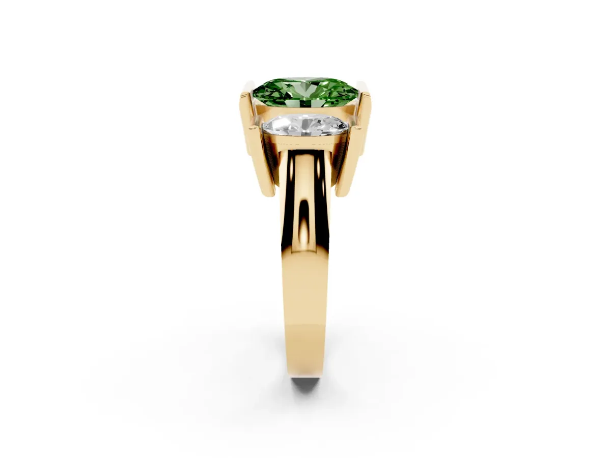 Fancy Green Three Stone Oval Cut Cut Channel Set Diamond Ring Yellow gold