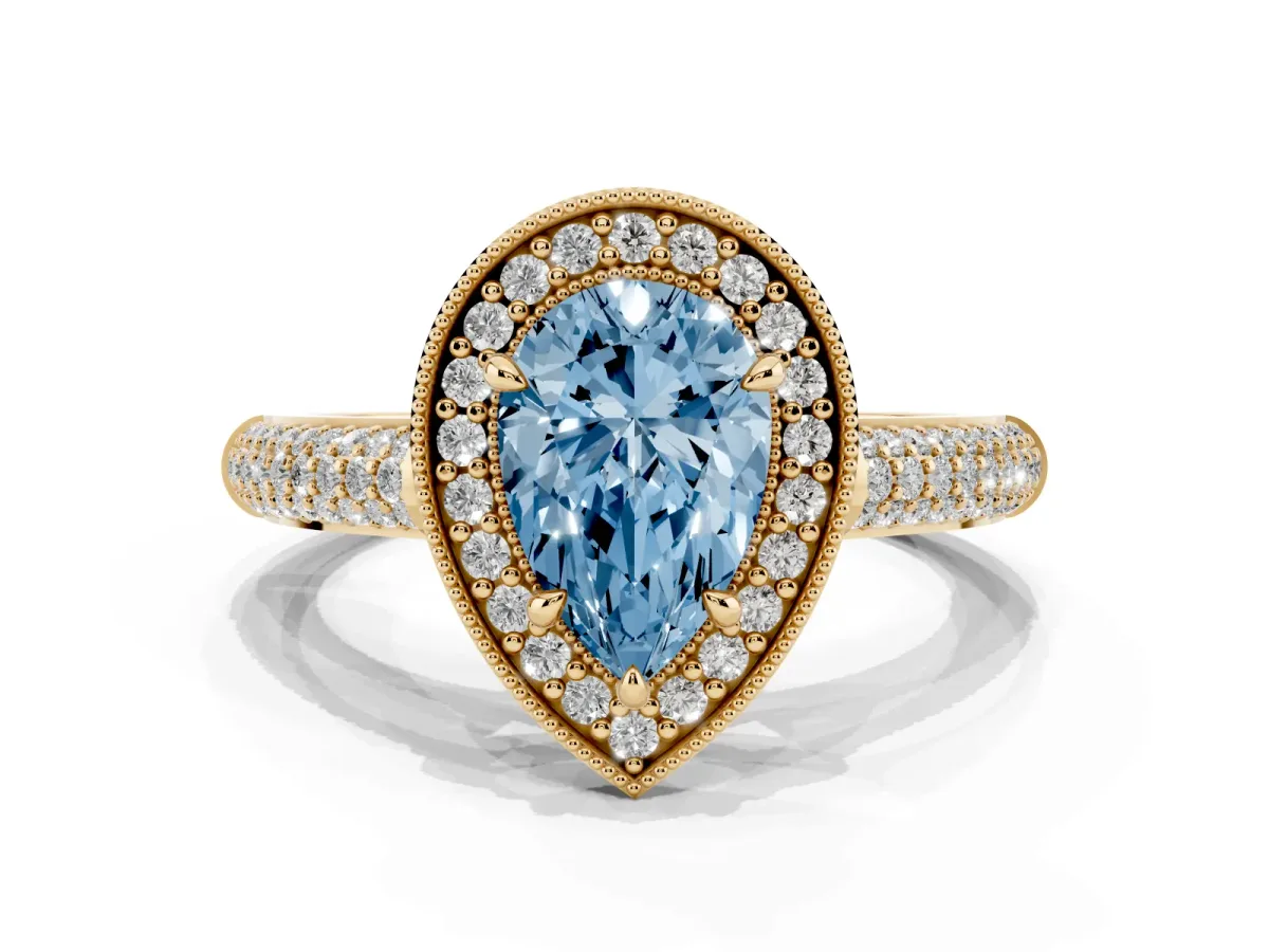 Fancy Blue Pear Cut Cut Halo Diamond Pave Band with Four-Prong Setting Yellow gold