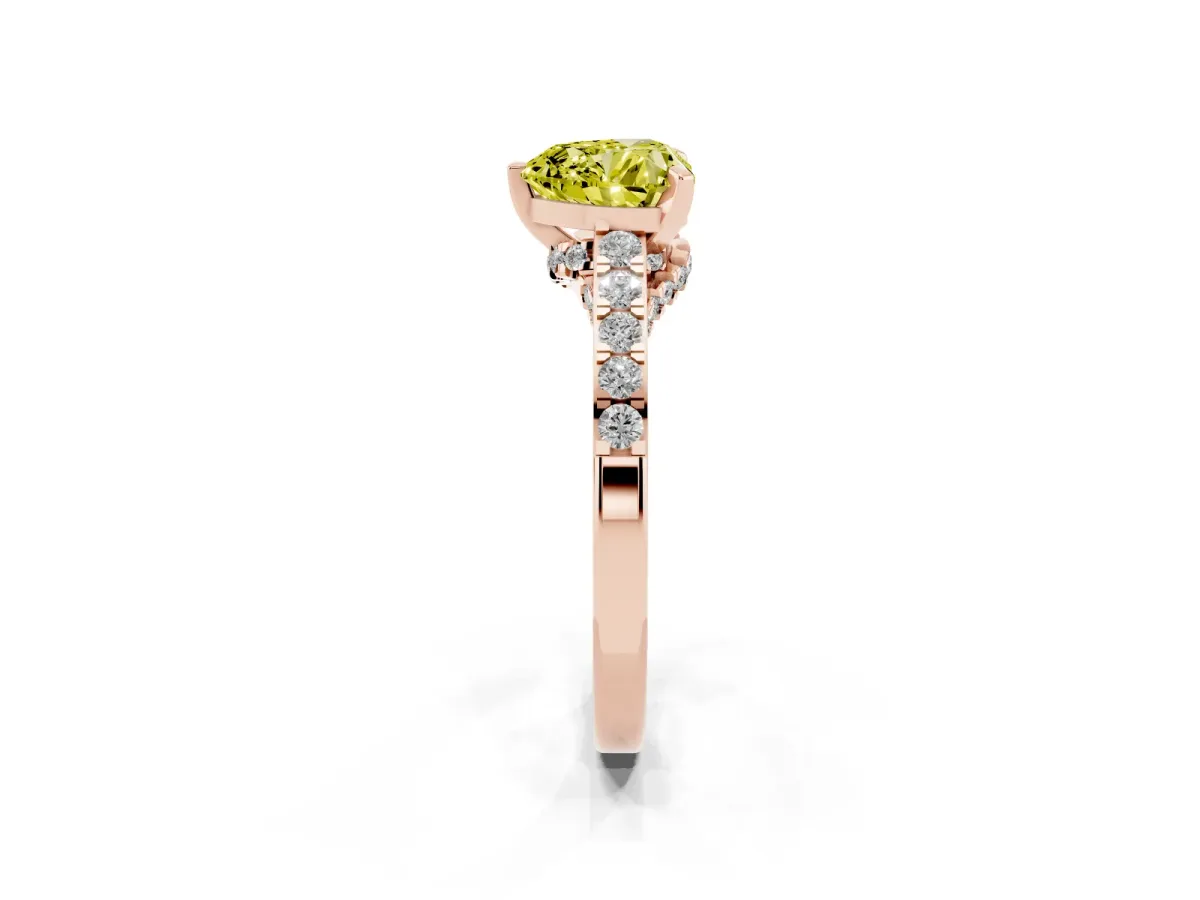 Fancy Yellow Heart Cut Diamond Solitaire Ring with Crossover Gallery and Round Pavé Band Rose gold