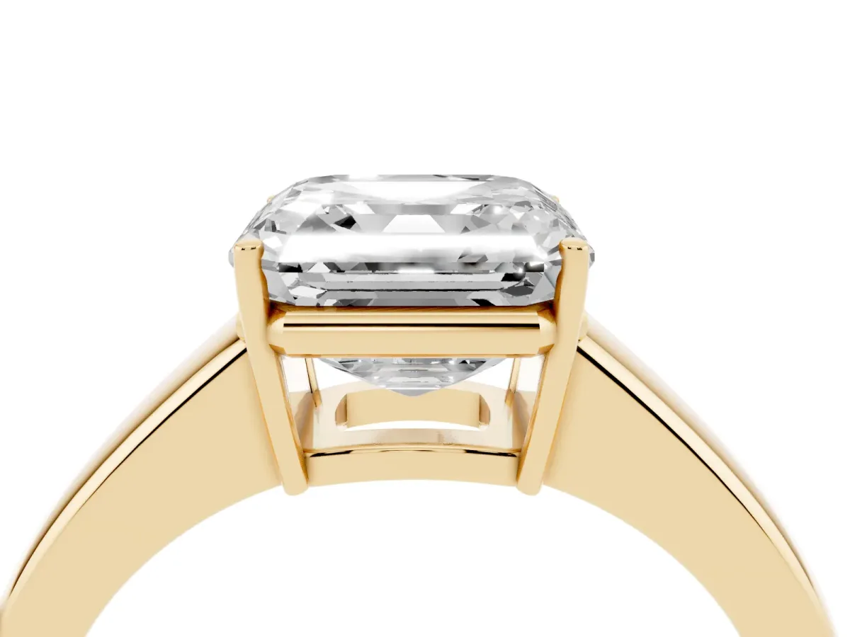 Asscher Cut Solitaire Diamond Ring with Tapered Band and Four-Prong Setting Yellow gold