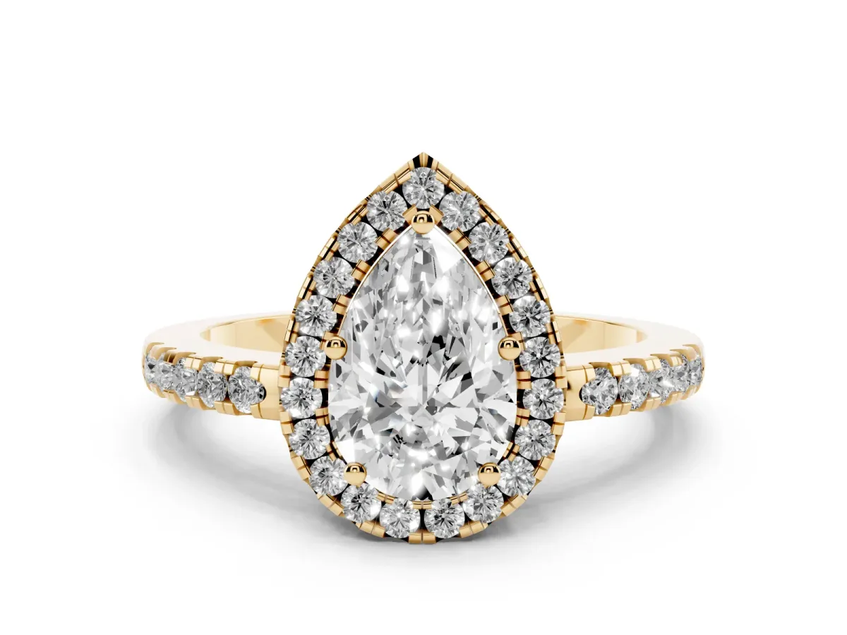 Pear Cut Halo Diamond Engagement Ring with Pavé Band and Four-Prong Setting Yellow gold