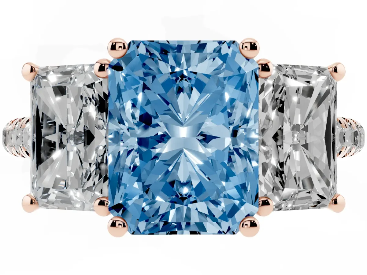 Fancy Blue Three-Stone Radiant Cut Diamond Ring with Round Pavé Band and Prong Setting Rose gold