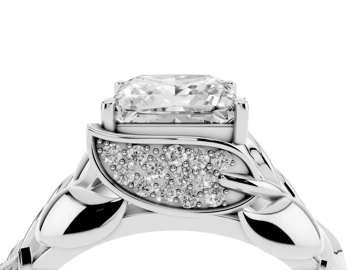 Princess Cut Diamond Leaf-Inspired Engagement Ring with Round Accents and Prong Setting Silver