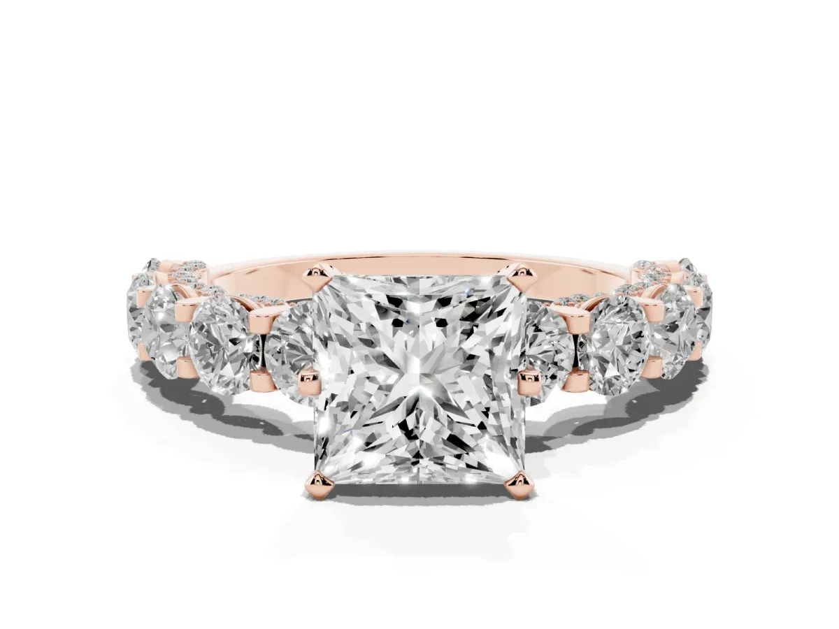 Princess Cut Diamond Side Stone Engagement Ring with Four-Prong Setting Rose gold
