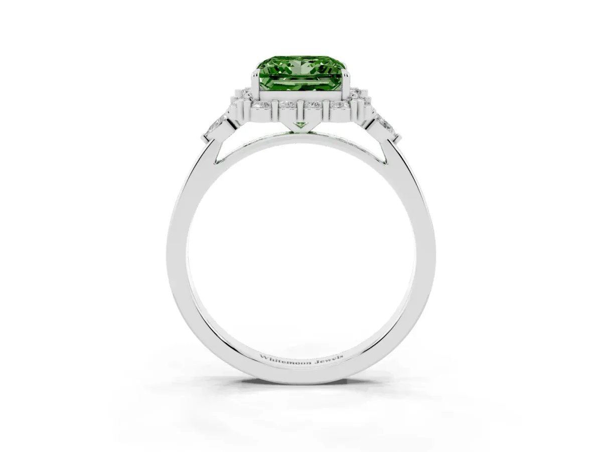Fancy Green Princess Cut Diamond Halo Ring with Pear Side Stones and Prong Setting Silver