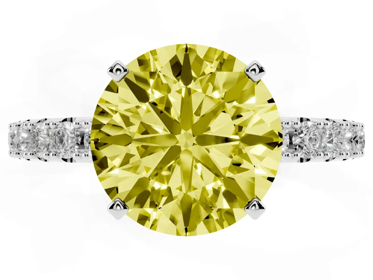 Fancy Yellow Round Cut Diamond Solitaire Pavé Band with Four-Prong Setting Silver