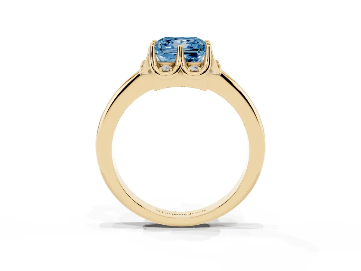 Fancy Blue Princess Cut Halo Diamond Ring with Round Cluster Setting, Solitaire Band, and Four-Prong Setting Yellow gold