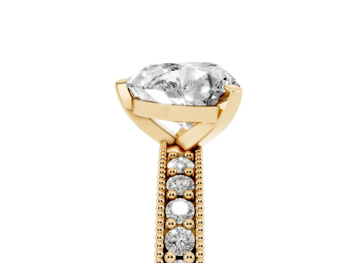 Heart Cut Diamond Milgrain Pavé Engagement Ring with Four-Prong Setting Yellow gold