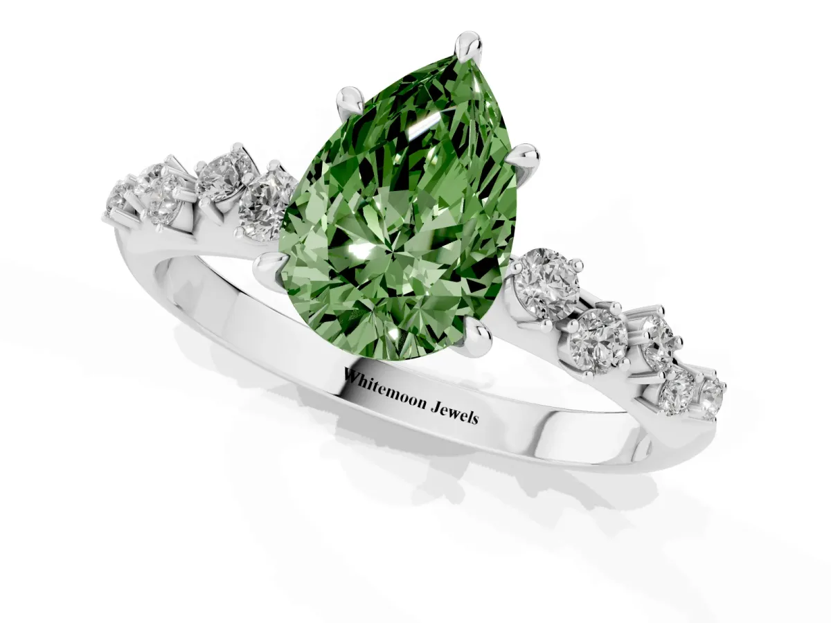 Fancy Green Pear Cut Diamond Cluster Side Stone Solitaire Ring with Prong Setting Silver