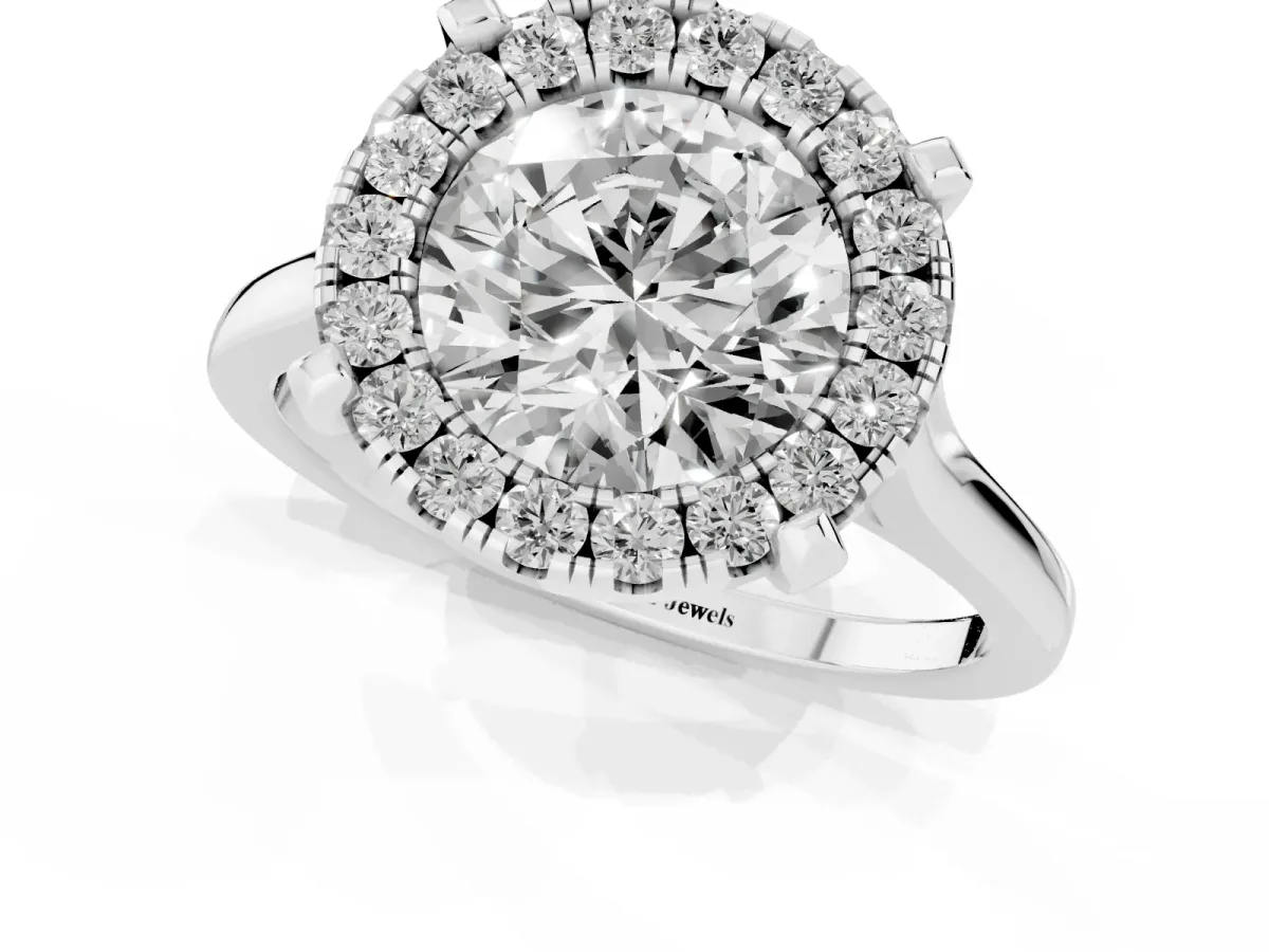 Round Cut Diamond Cluster Halo Solitaire with Four-Prong Setting Silver