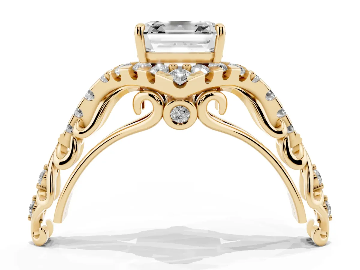 Asscher Cut Diamond Solitaire Ring with Hidden Halo and Pavé Band Yellow gold