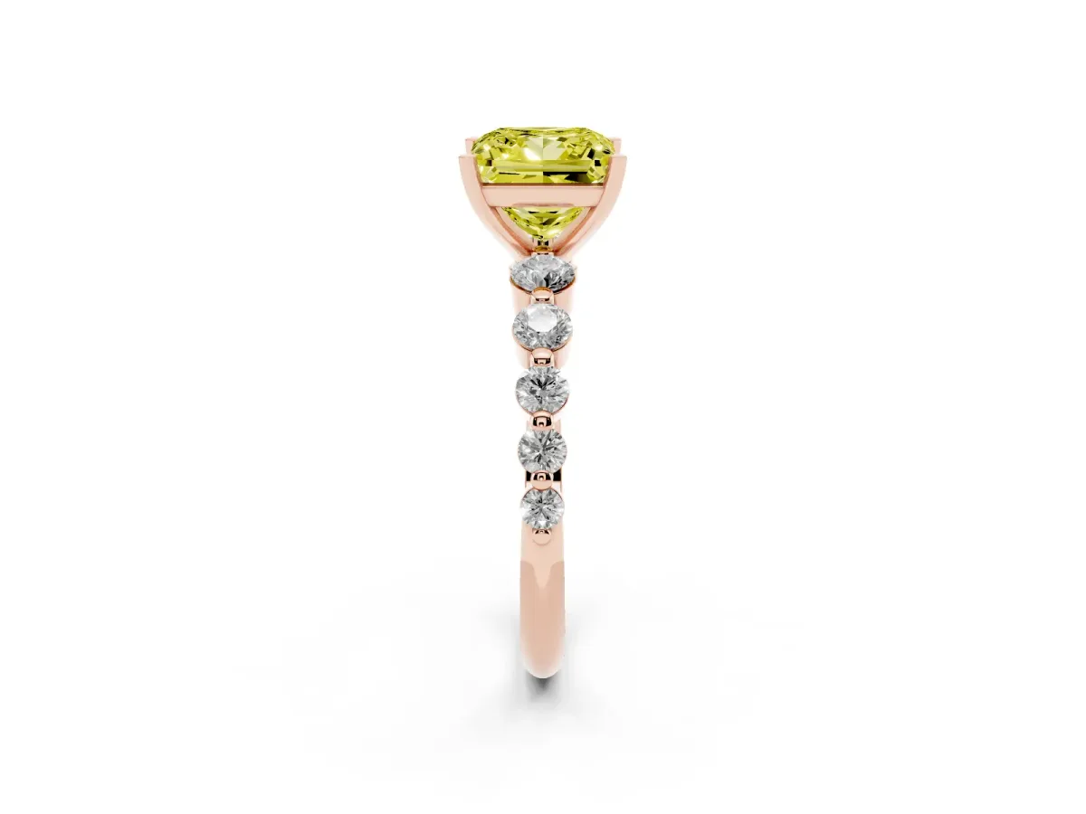 Fancy Yellow Princess Cut Solitaire Diamond Ring with Pave Band and Four-Prong Setting Rose gold