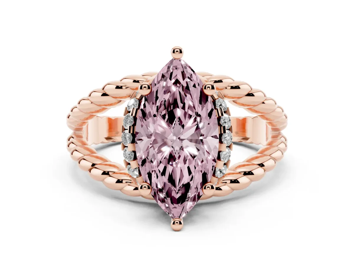 Fancy Pink Marquise Cut Halo Twisted Band Four-Prong Ring Rose gold
