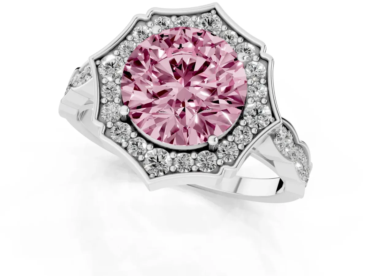 Fancy Pink Round Cut Halo Diamond Engagement Ring with Milgrain Band and Four-Prong Setting Silver