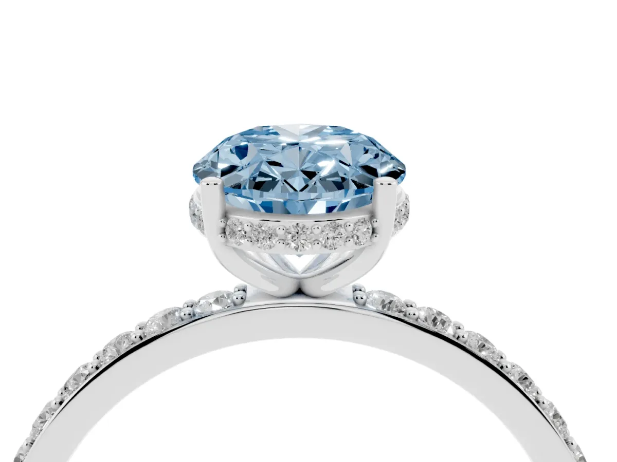 Fancy Blue Oval Cut Diamond Solitaire Ring with Pavé Band and Hidden Halo Silver