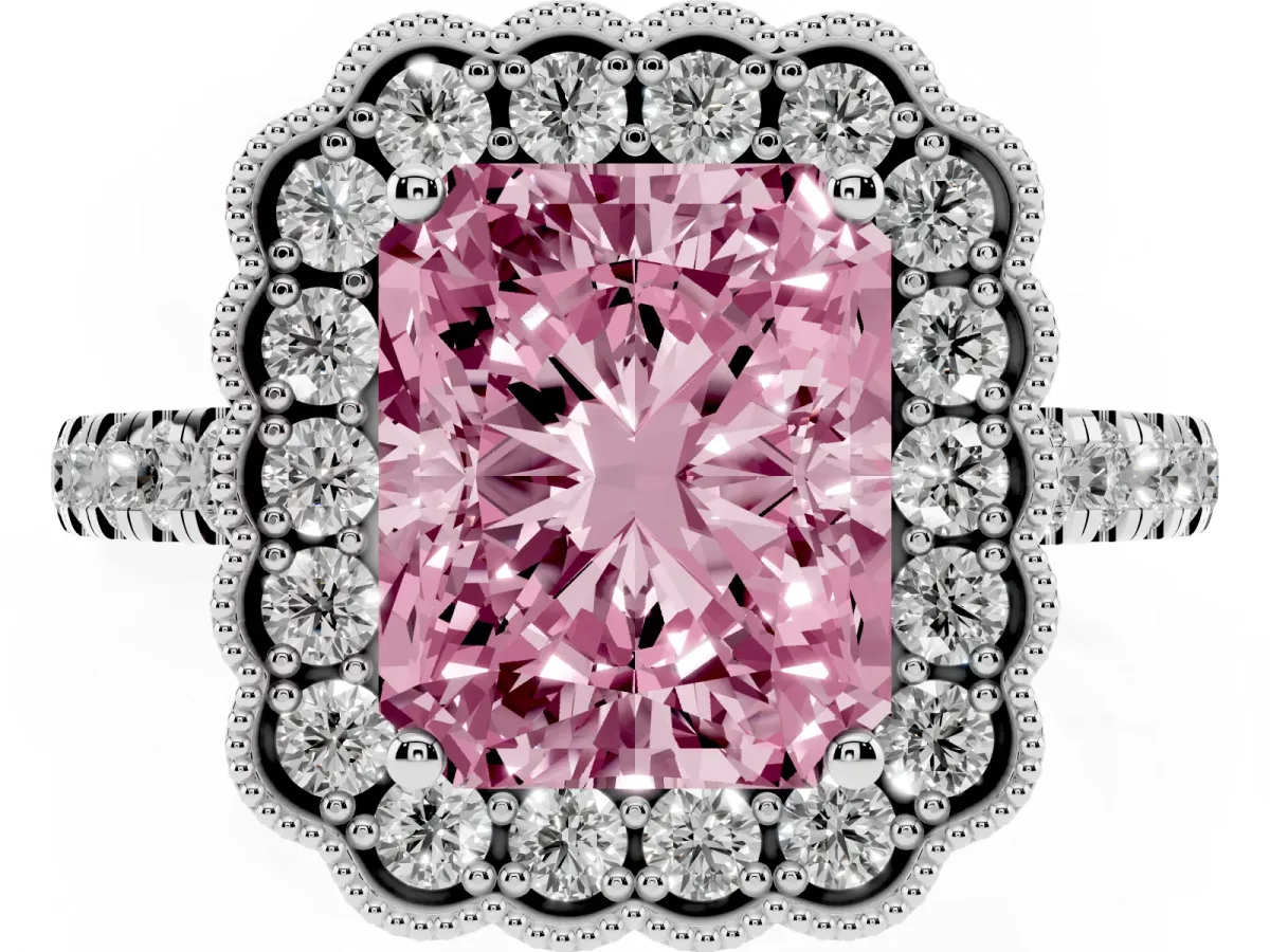 Fancy Pink Radiant Cut Cut Diamond Milgrain Floral Halo Engagement Ring with Pavé Band White gold