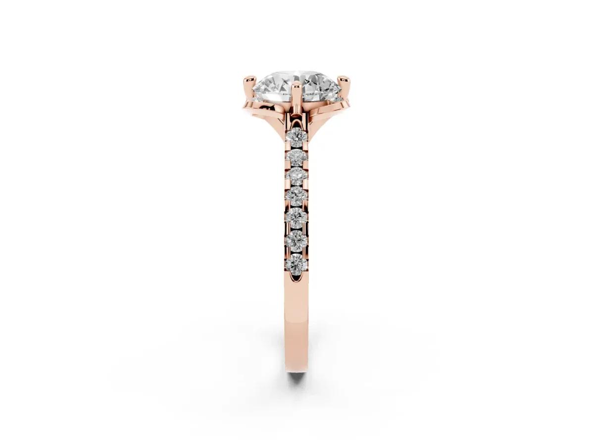 Round Cut Diamond Ring with Pavé Band and Floral Prong Setting Rose gold