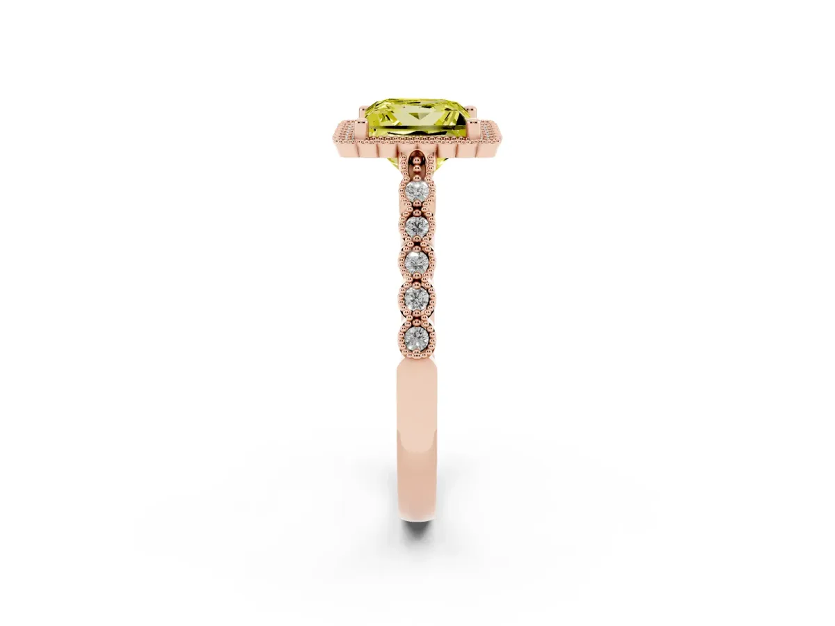 Fancy Yellow Princess Cut Cut Halo Pavé Solitaire Ring with Milgrain Band Rose gold