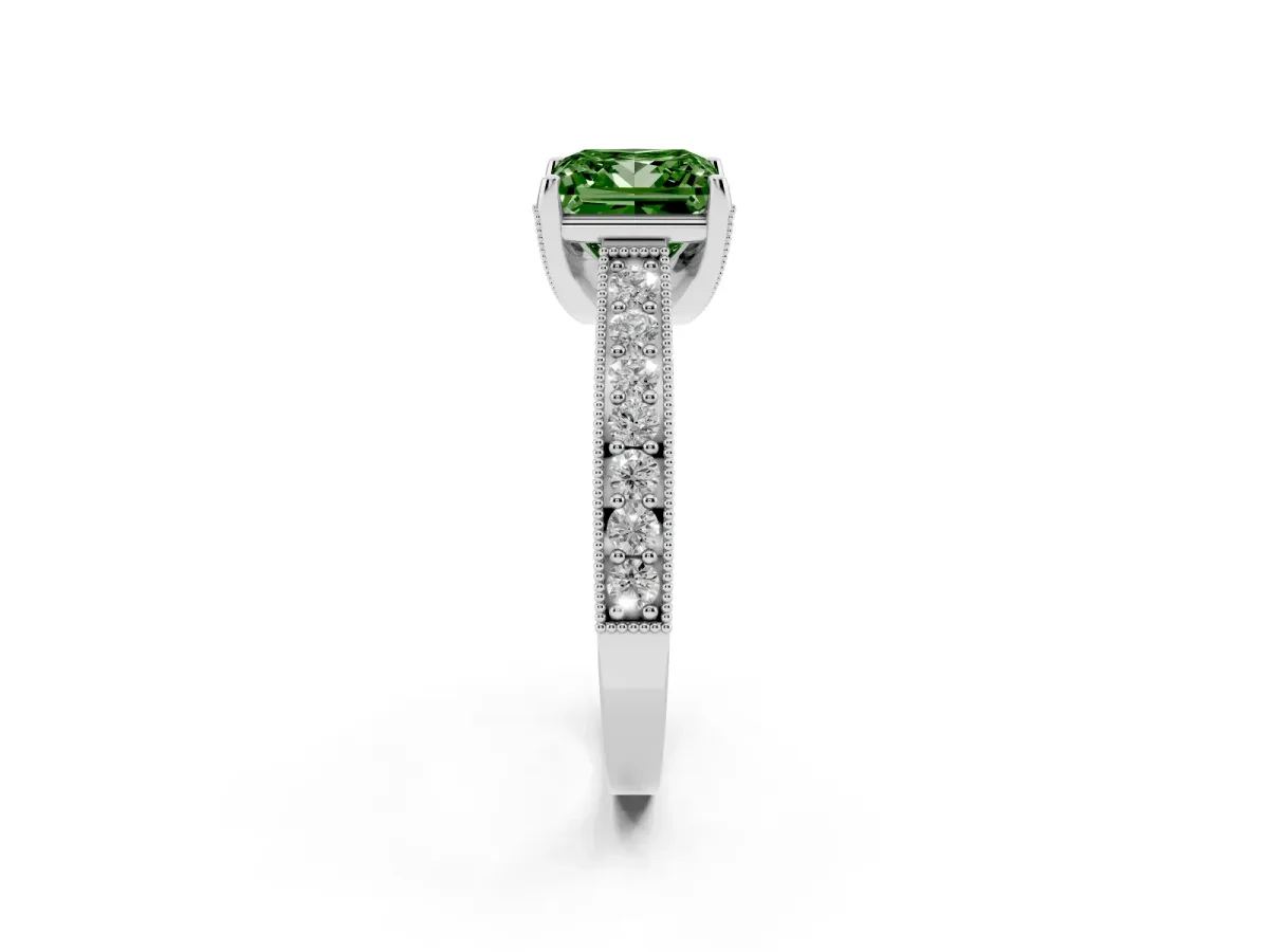 Fancy Green Princess Cut Cut Diamond Solitaire Ring with Milgrain Pave Band and Four Prong Setting Silver