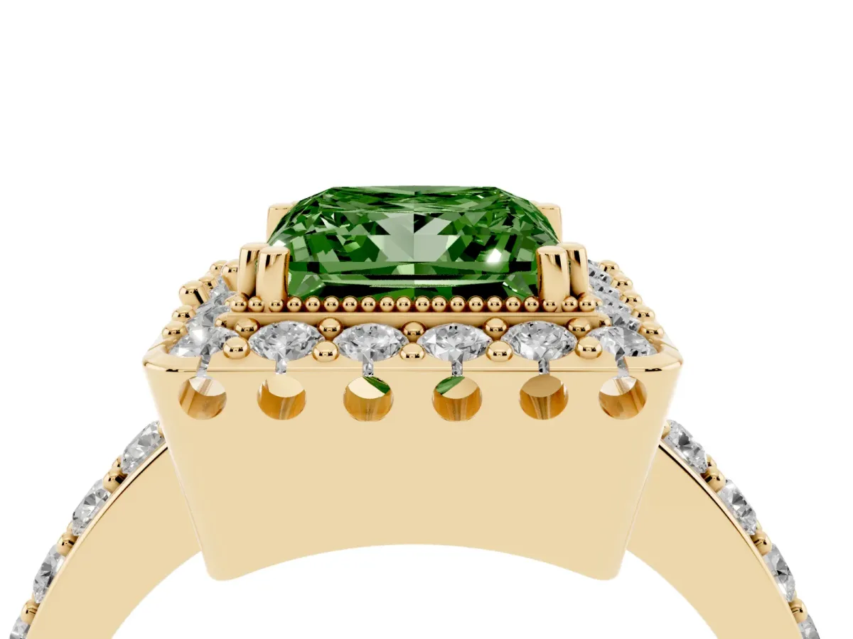 Fancy Green Princess Cut Diamond Halo Ring with Pavé Band and Prong Setting Yellow gold