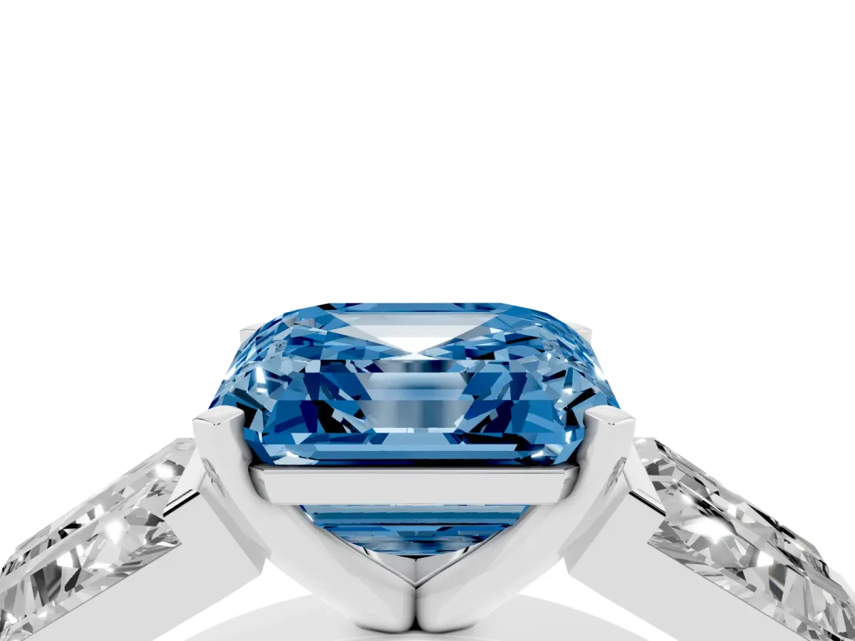 Fancy Blue Asscher Cut Diamond Engagement Ring with Baguette Side Stones and Channel Set Band White gold