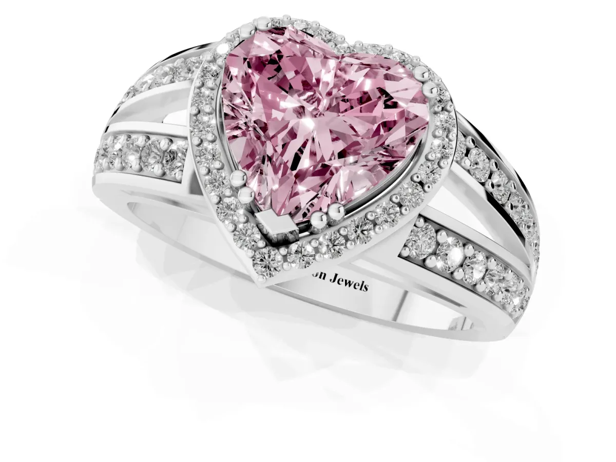 Fancy Pink Heart Cut Diamond Halo Ring with Split Shank Pavé Band and Four-Prong Setting Platinum