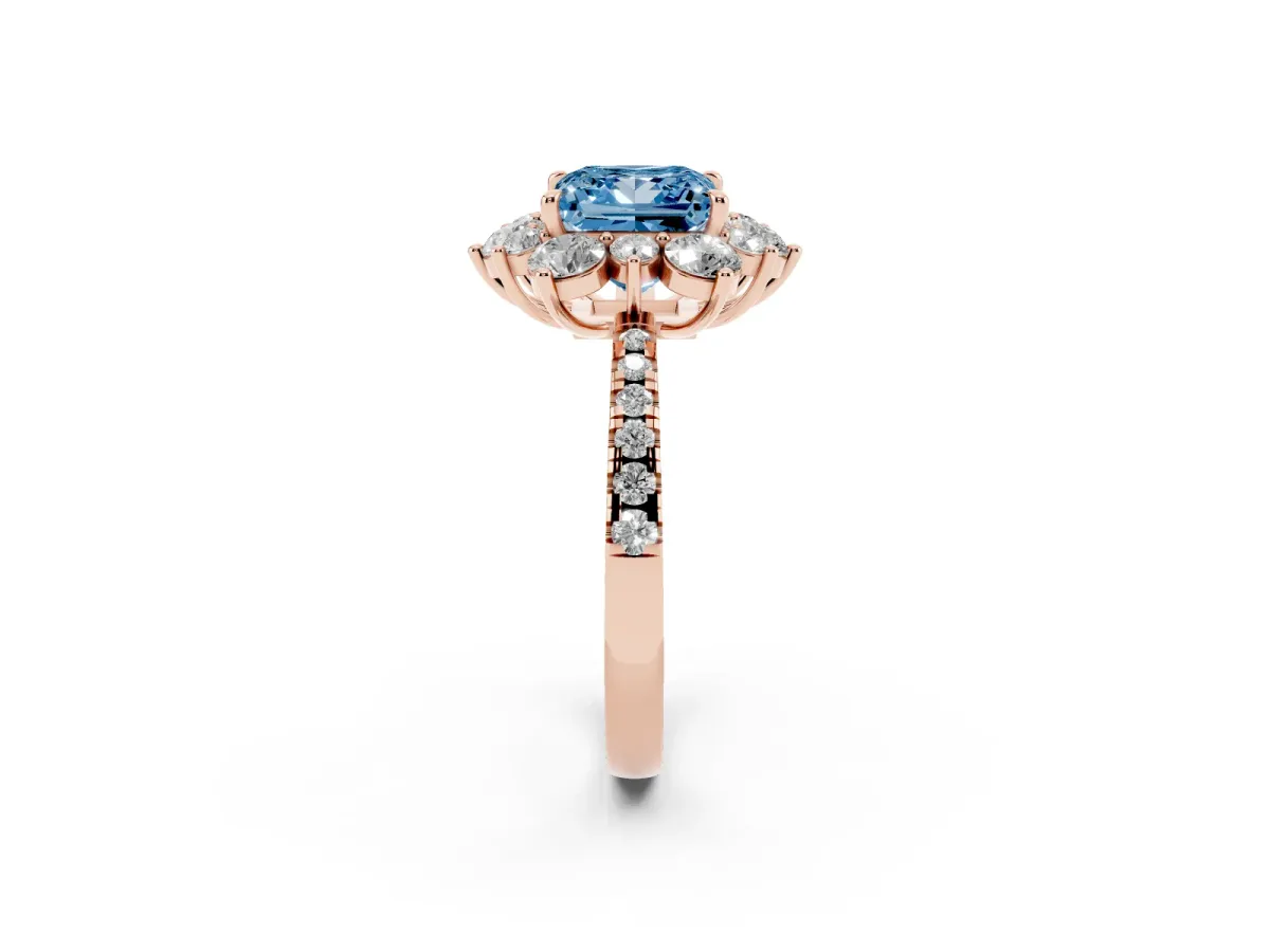 Fancy Blue Princess Cut Diamond Floral Halo Ring with Round Pavé Band and Prong Setting Rose gold
