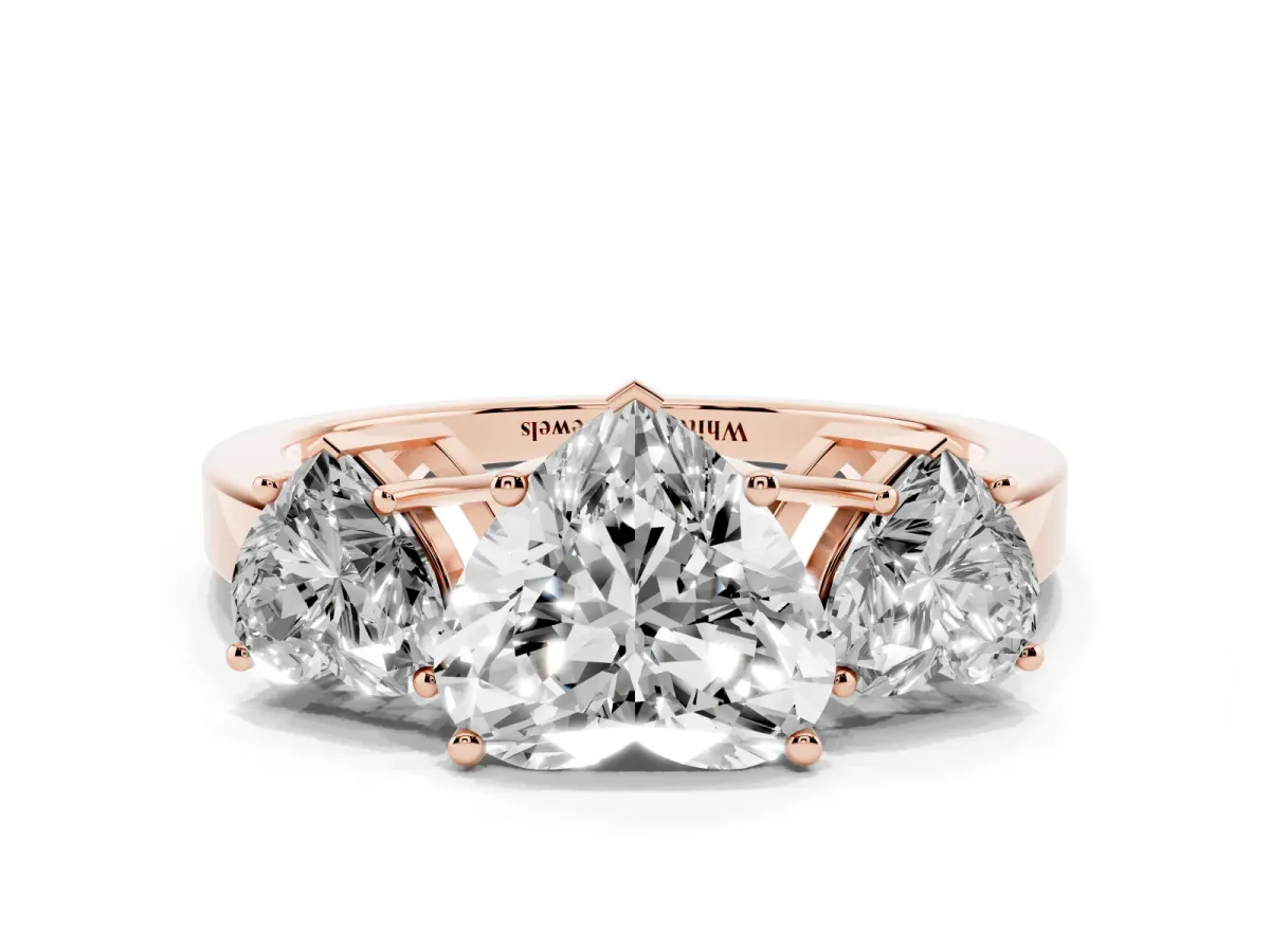 Three-Stone Heart Cut Cut Diamond Engagement Ring with Flat Band and Four-Prong Setting Rose gold