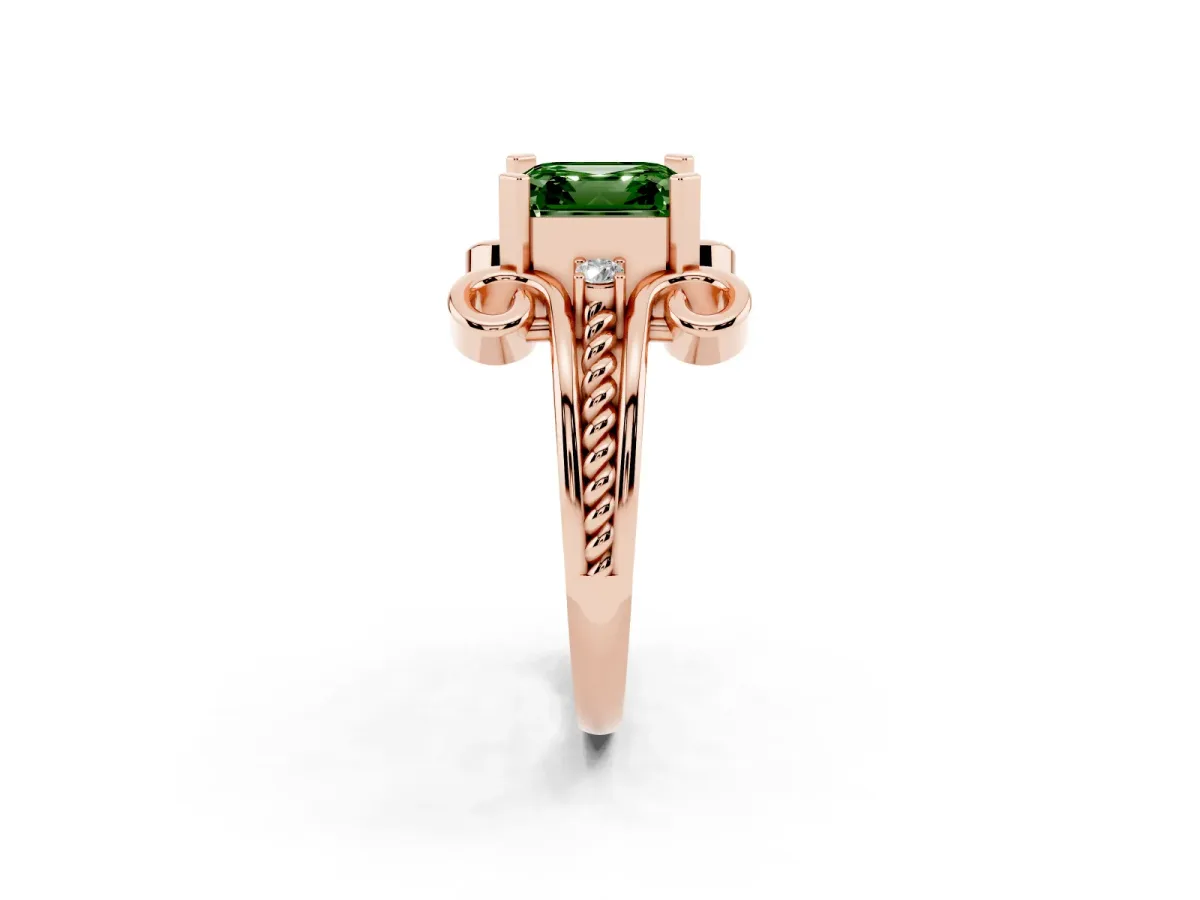 Fancy Green Asscher Cut Solitaire Twisted Band Scroll Prong Ring Rose gold
