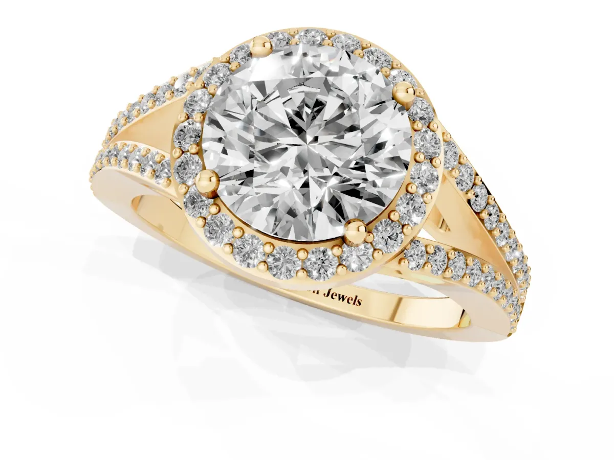 Round Cut Halo Split Shank Diamond Ring with Prong Setting Yellow gold