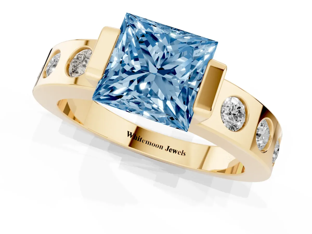 Fancy Blue Princess Cut Brilliant Channel-Set Diamond Ring with Bezel Prong Setting Yellow gold