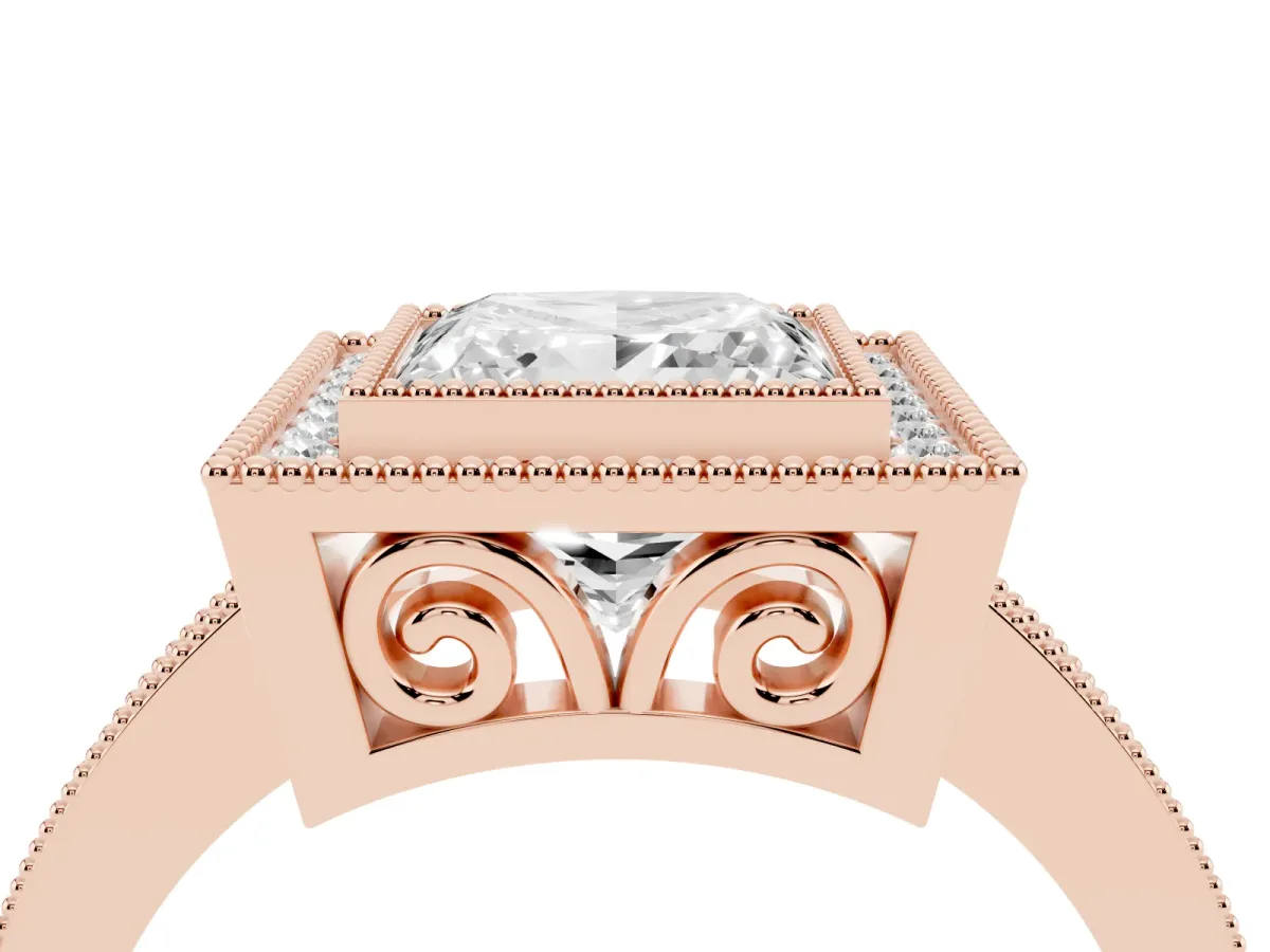 Princess Cut Cut Halo Diamond Ring with Pavé Band and Milgrain Prong Setting Rose gold
