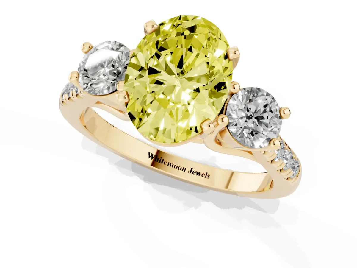 Fancy Yellow Three-Stone Oval Cut Diamond Pavé Band with Four-Prong Setting Yellow gold