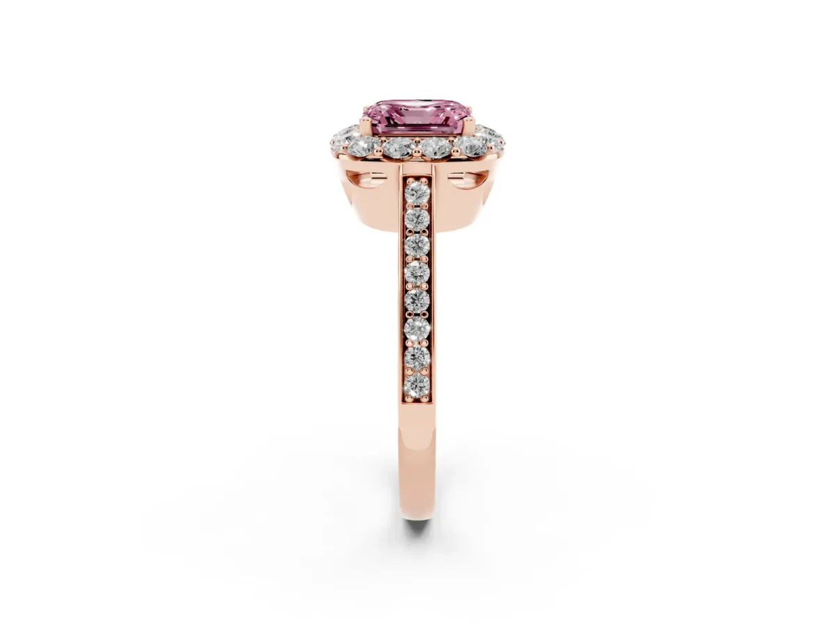 Fancy Pink Asscher Cut Diamond Floral Halo Ring with Pavé Band and Prong Setting Rose gold
