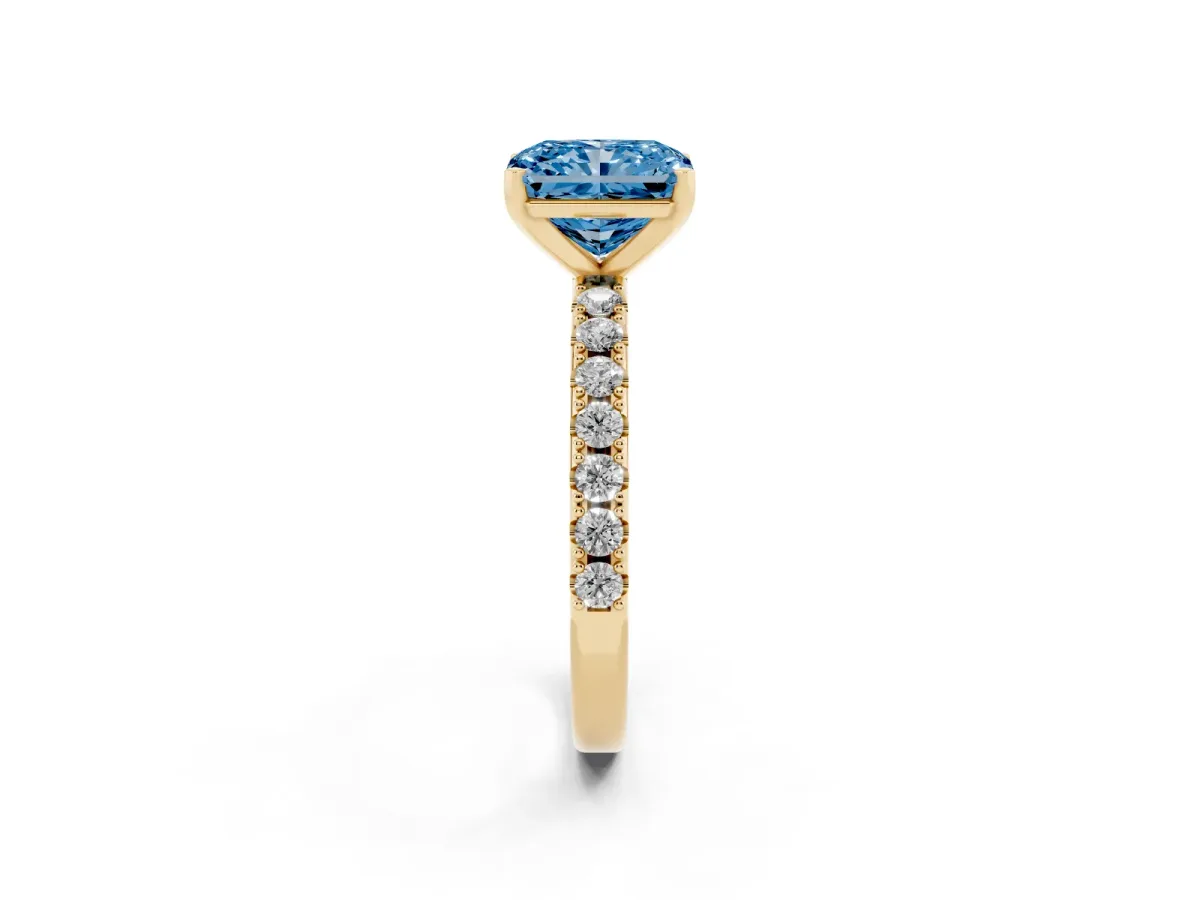 Fancy Blue Radiant Cut Diamond Solitaire Pavé Band with Four-Prong Setting Yellow gold