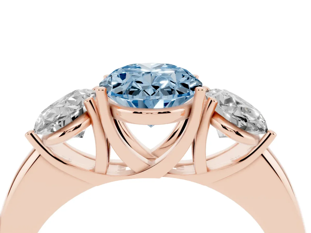Fancy Blue Oval Cut Diamond Three-Stone Ring with Four-Prong Setting and Classic Band Rose gold