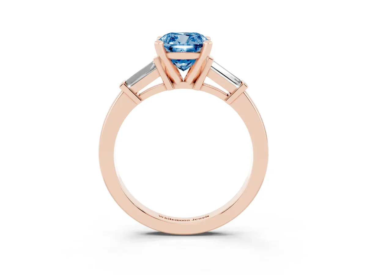 Fancy Blue Cushion Cut Cut Diamond Solitaire Ring with Tapered Baguette Accents and Four-Prong Setting Rose gold