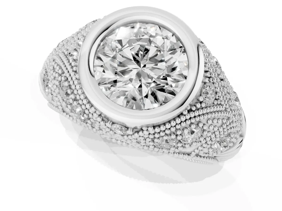 Bezel Set Round Cut Diamond Milgrain Band Ring Platinum