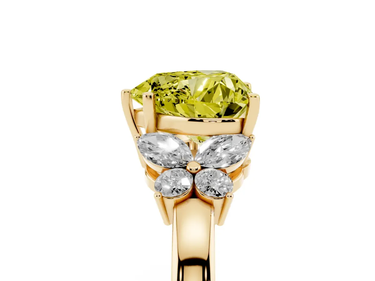 Fancy Yellow Heart Cut Cut Solitaire Floral Diamond Ring with Four-Prong Setting Yellow gold
