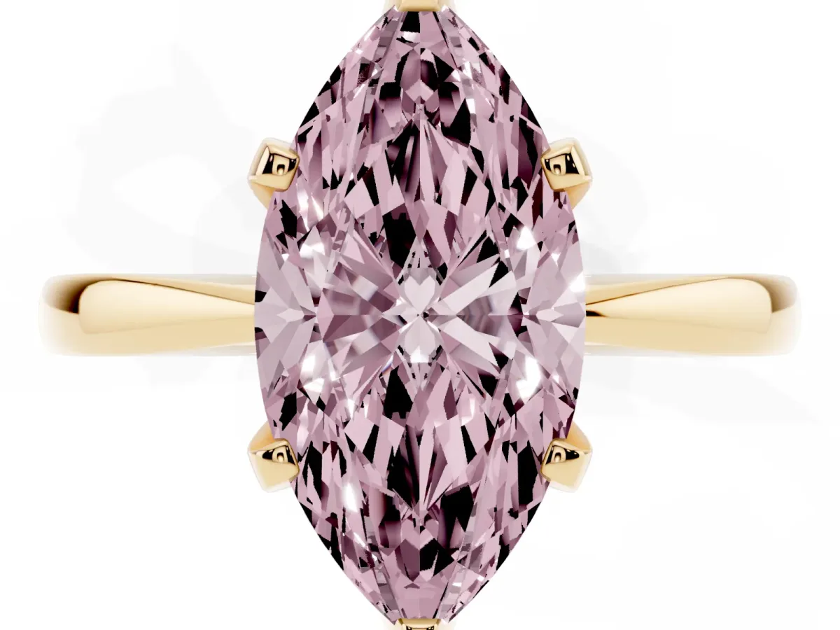 Fancy Pink Marquise Cut Solitaire Engagement Ring with Six-Prong Setting and Tapered Band Yellow gold