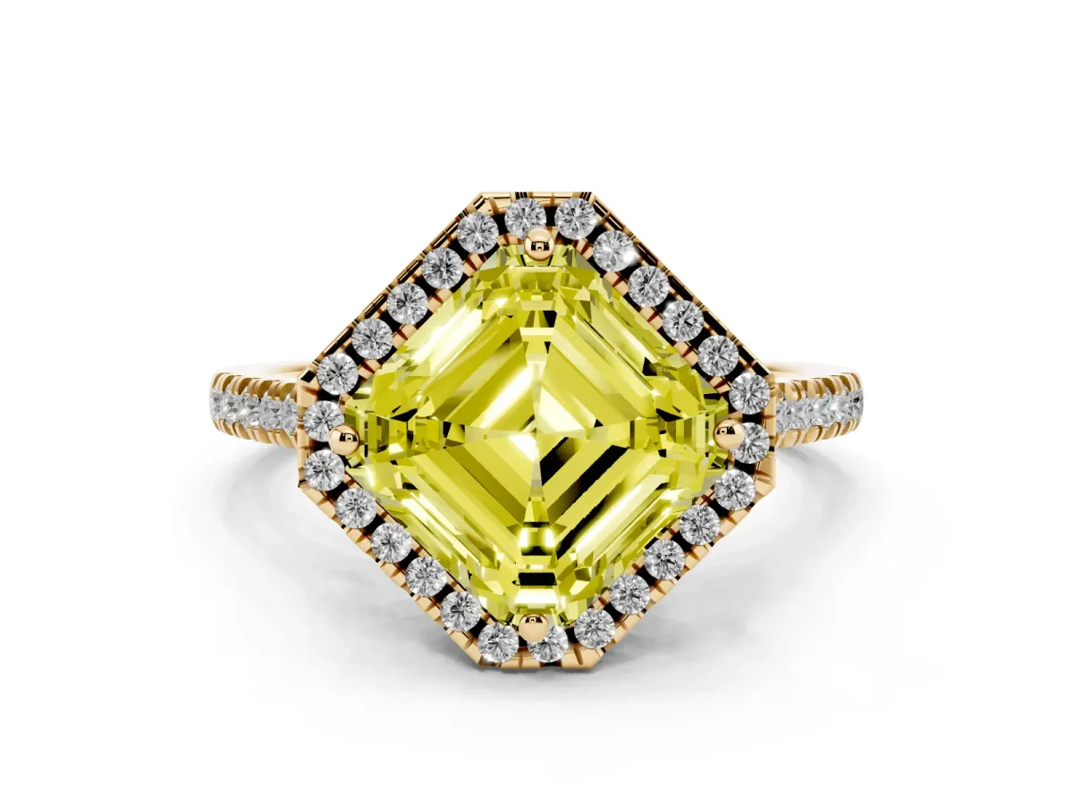 Fancy Yellow Asscher Cut Diamond Cushion Halo Ring with Pavé Band Yellow gold